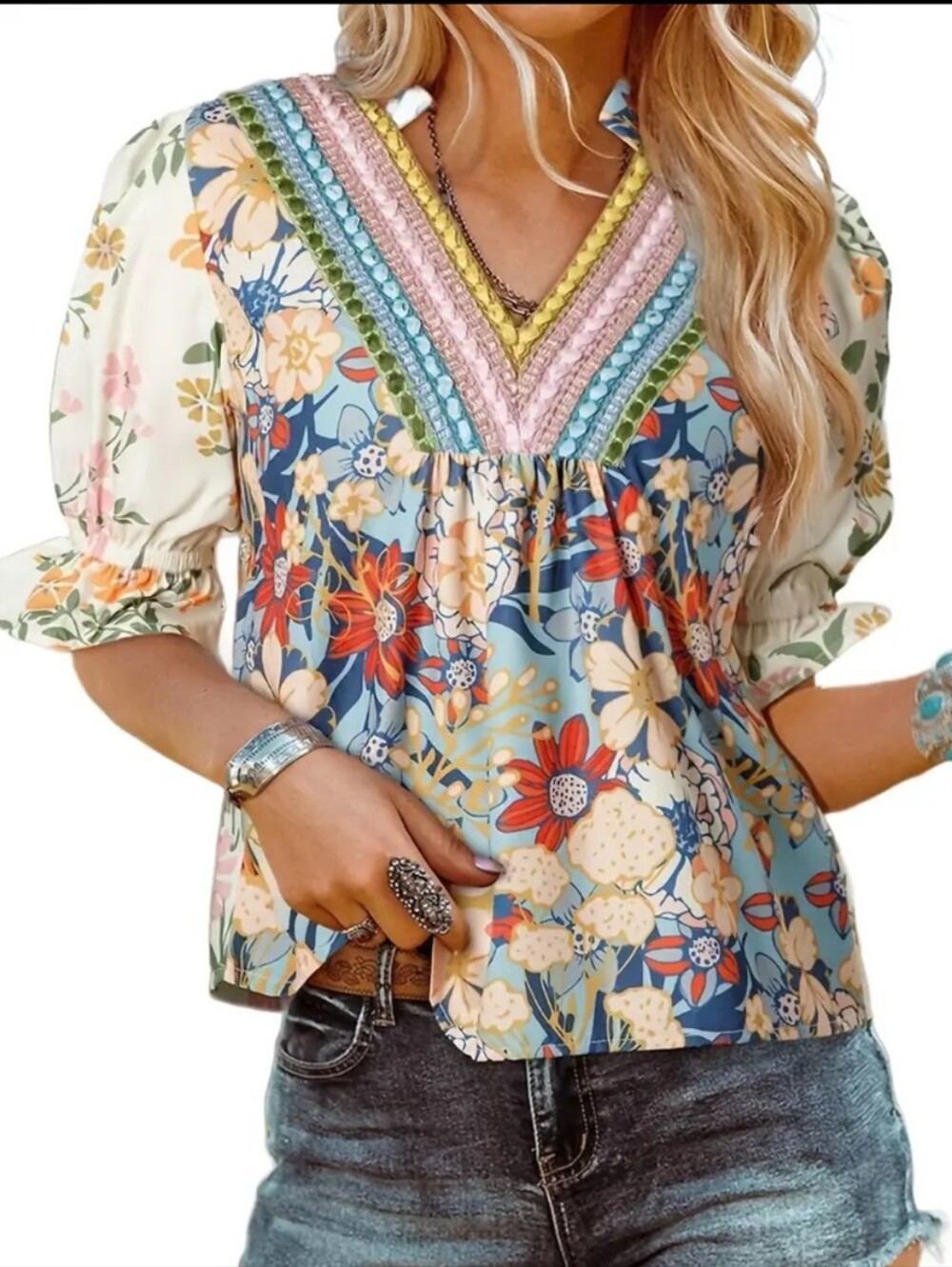 New Boho Floral V-Neck Peasant Top - Multicolor - Picture 5 of 5
